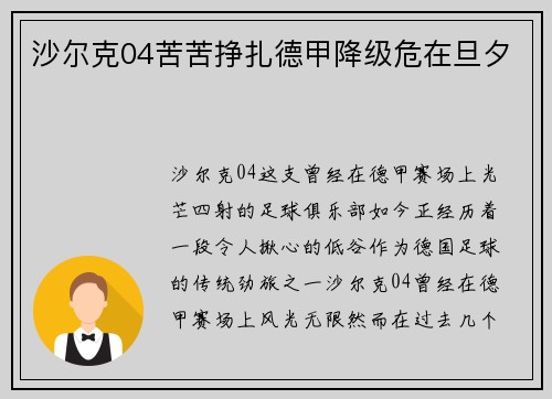 沙尔克04苦苦挣扎德甲降级危在旦夕